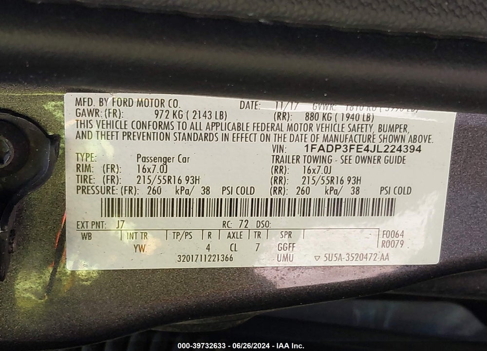 2018 FORD FOCUS SE VIN: 1FADP3FE4JL224394