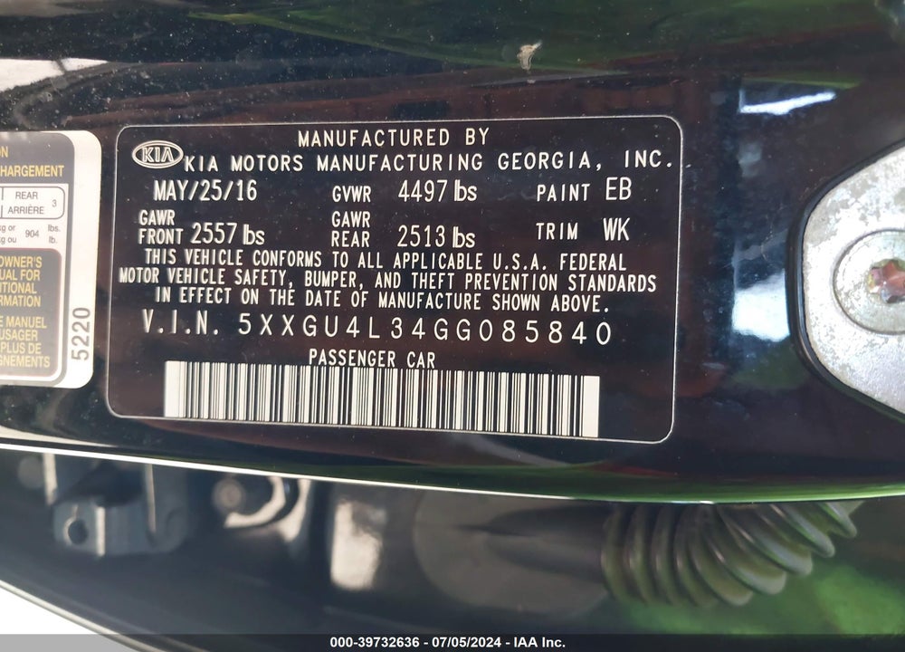 2016 KIA OPTIMA EX VIN: 5XXGU4L34GG085840