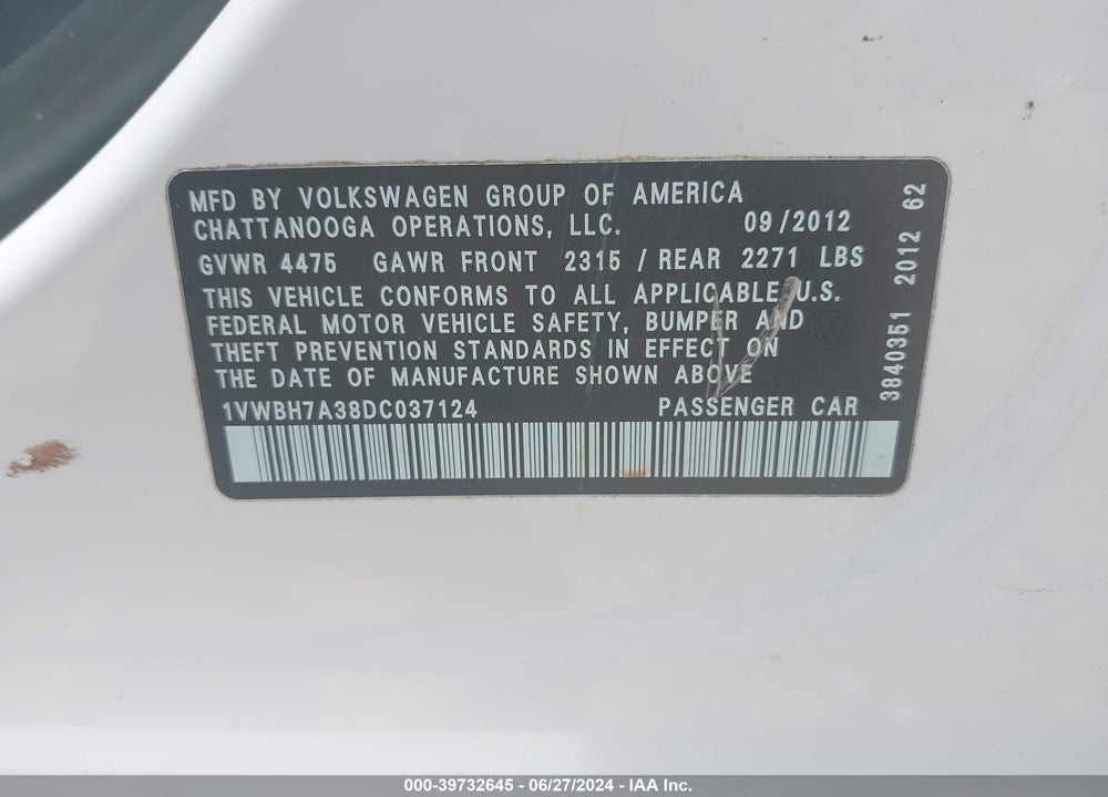 2013 VOLKSWAGEN PASSAT 2.5L SE VIN: 1VWBH7A38DC037124
