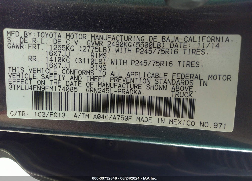2015 TOYOTA TACOMA BASE V6 VIN: 3TMLU4EN9FM174085