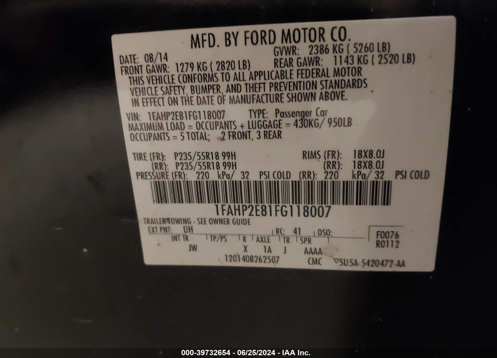 2015 FORD TAURUS SEL VIN: 1FAHP2E81FG118007