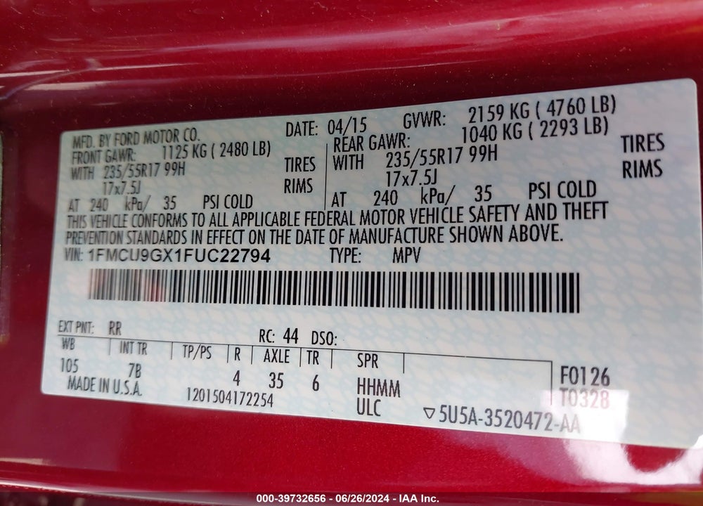 2015 FORD ESCAPE SE VIN: 1FMCU9GX1FUC22794