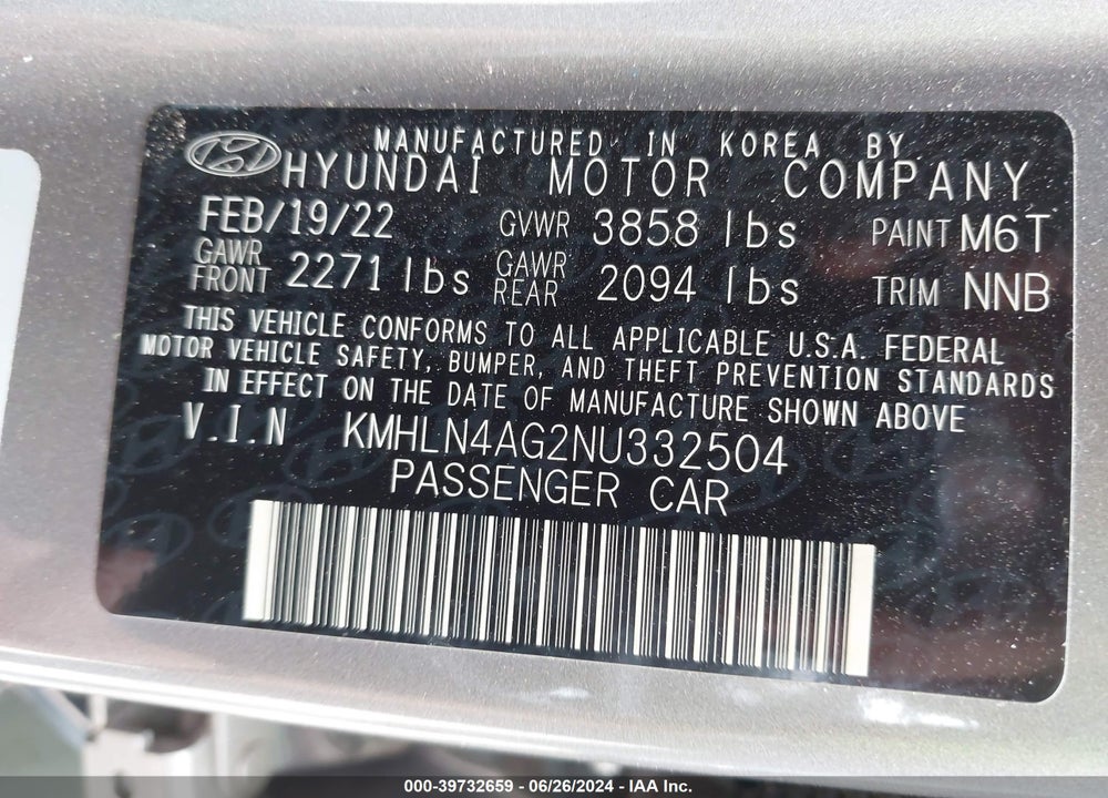 2022 HYUNDAI ELANTRA SEL VIN: KMHLN4AG2NU332504