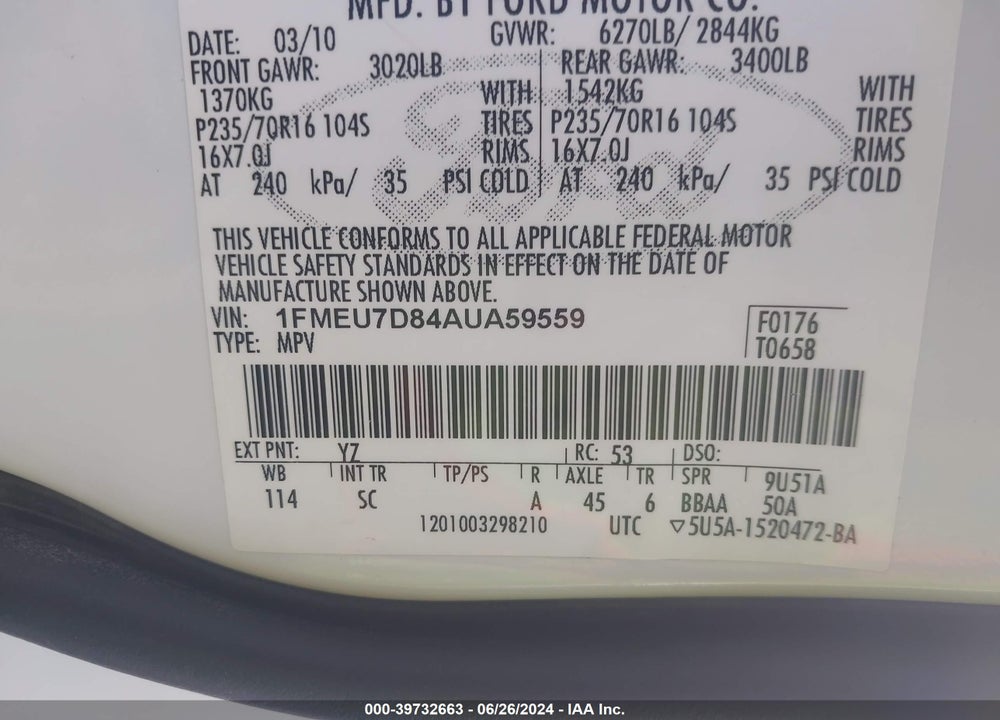 2010 FORD EXPLORER XLT VIN: 1FMEU7D84AUA59559