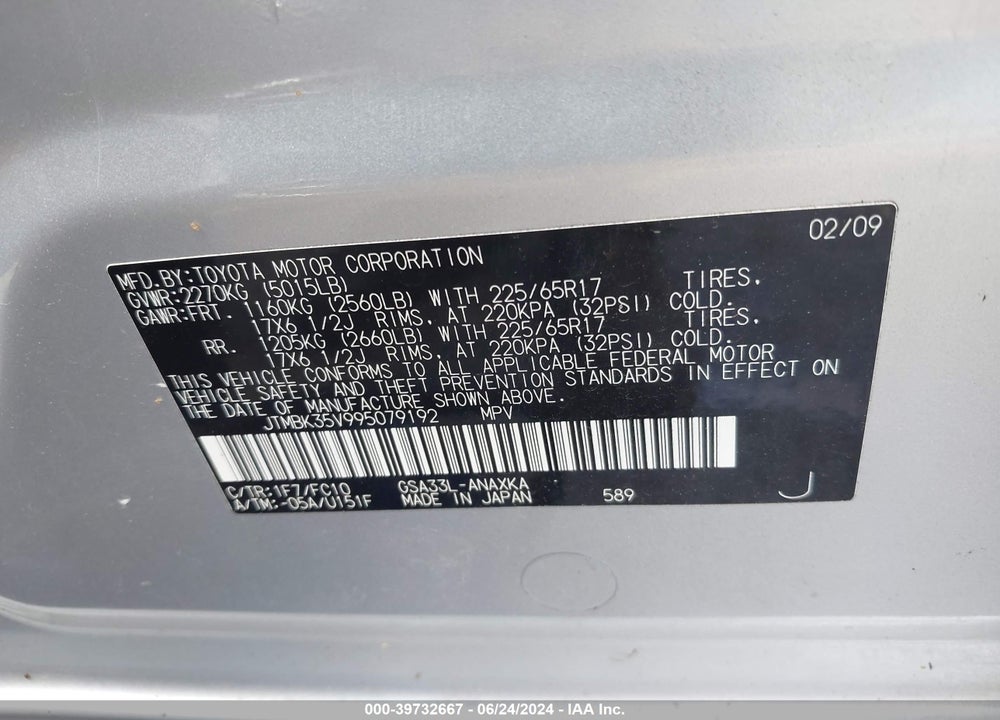 2009 TOYOTA RAV4 BASE V6 VIN: JTMBK35V995079192