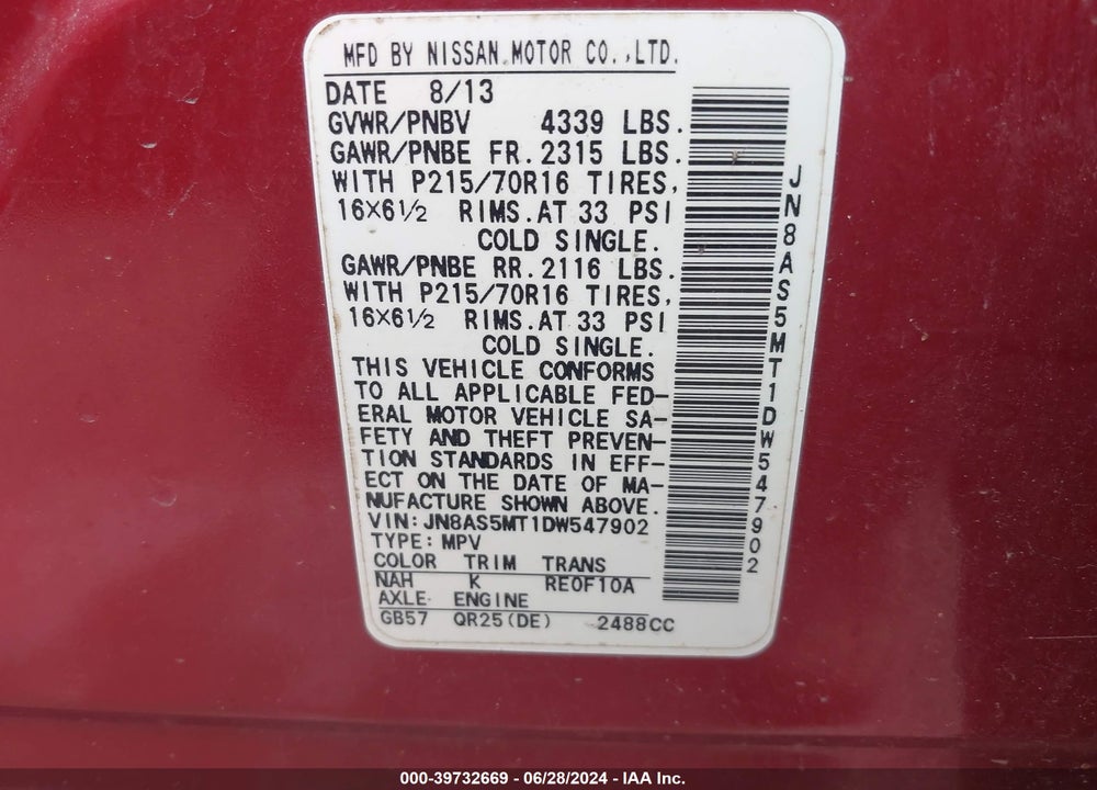 2013 NISSAN ROGUE S VIN: JN8AS5MT1DW547902
