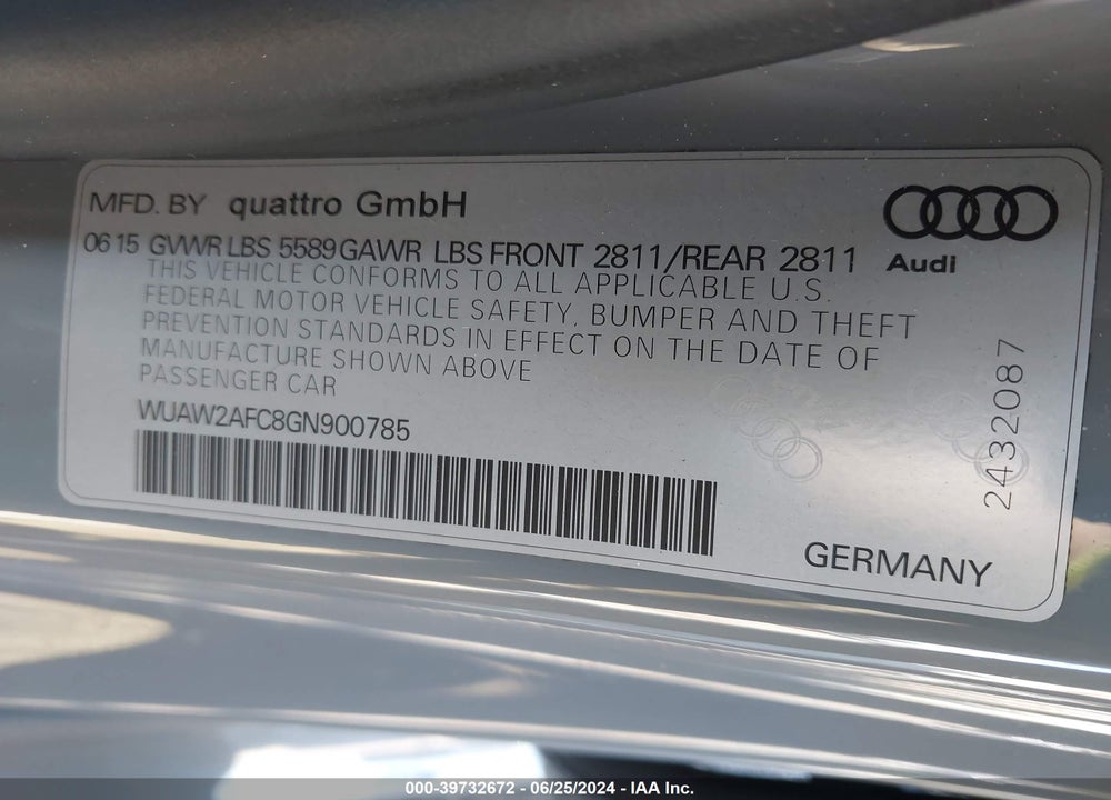 2016 AUDI RS 7 4.0T PRESTIGE VIN: WUAW2AFC8GN900785