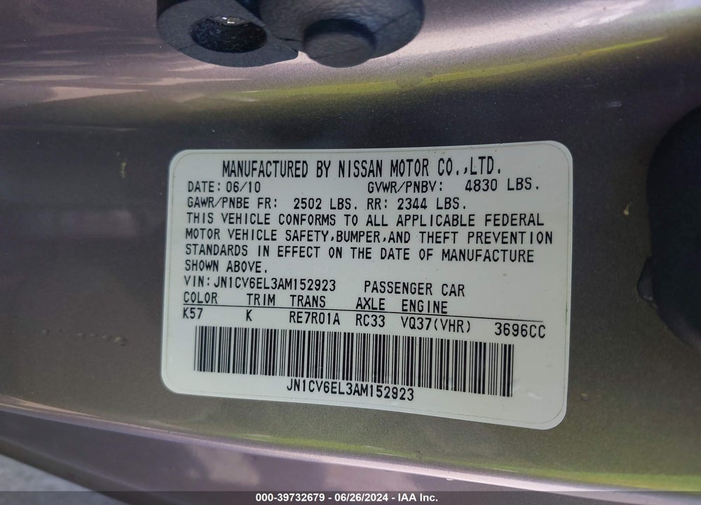 2010 INFINITI G37X VIN: JN1CV6EL3AM152923