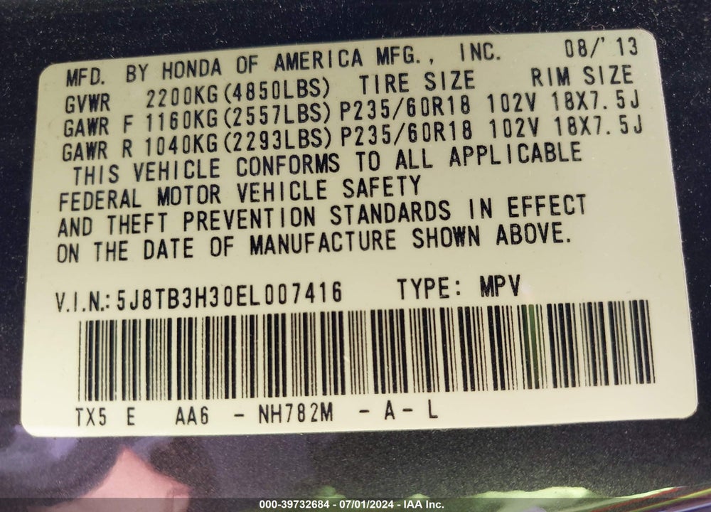2014 ACURA RDX VIN: 5J8TB3H30EL007416