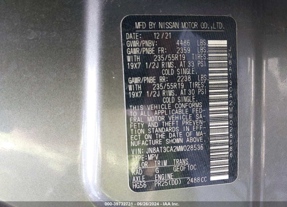 2021 NISSAN ROGUE SL FWD VIN: JN8AT3CA2MW028536