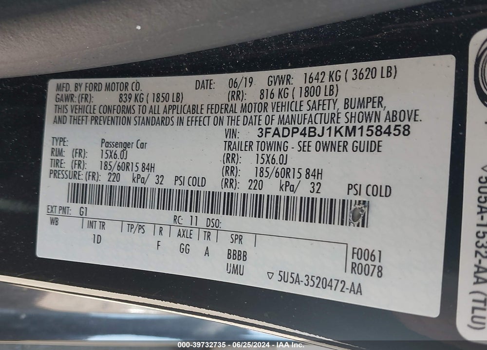 2019 FORD FIESTA SE VIN: 3FADP4BJ1KM158458