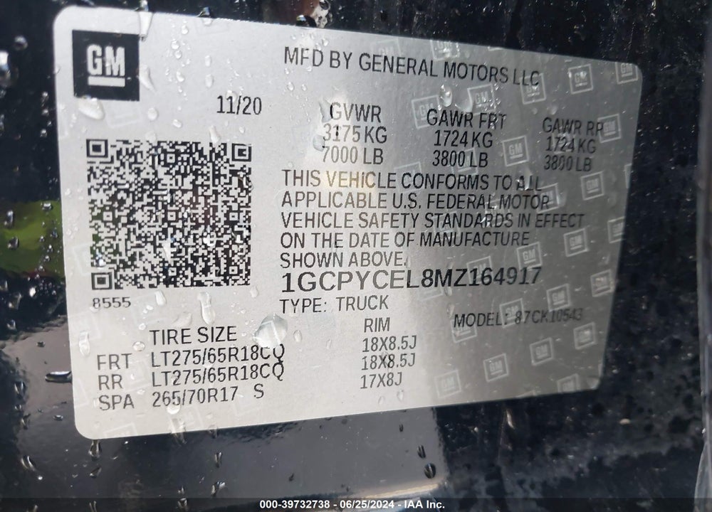 2021 CHEVROLET SILVERADO 1500 4WD SHORT BED CUSTOM TRAIL BOSS VIN: 1GCPYCEL8MZ164917