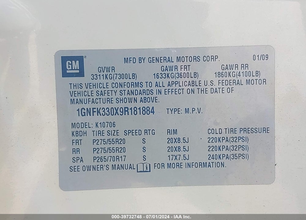 2009 CHEVROLET TAHOE LTZ VIN: 1GNFK330X9R181884