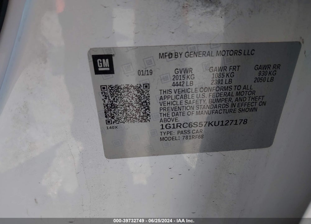2019 CHEVROLET VOLT LT VIN: 1G1RC6S57KU127178