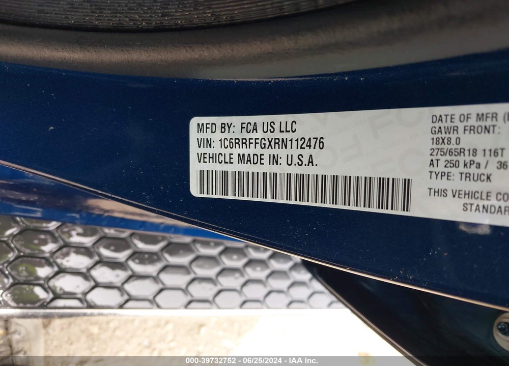 2024 RAM 1500 BIG HORN 4X4 5'7 BOX VIN: 1C6RRFFGXRN112476