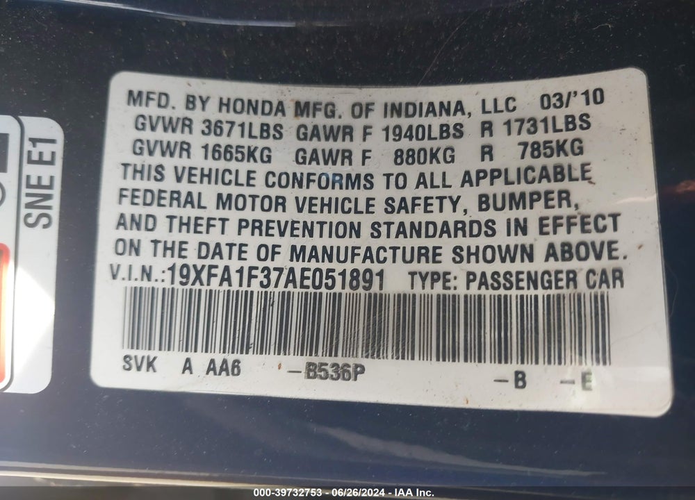 2010 HONDA CIVIC VIN: 19XFA1F37AE051891
