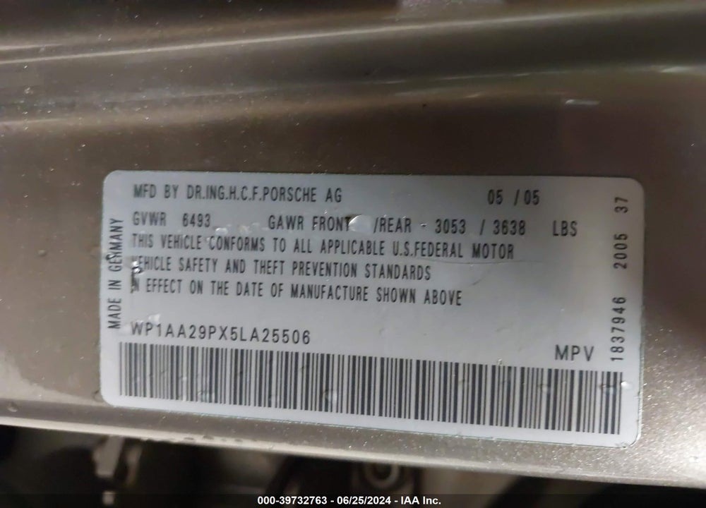2005 PORSCHE CAYENNE VIN: WP1AA29PX5LA25506