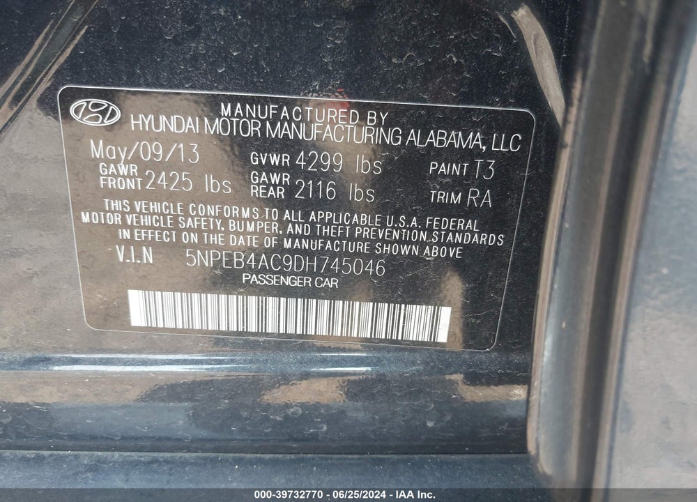 2013 HYUNDAI SONATA GLS VIN: 5NPEB4AC9DH745046