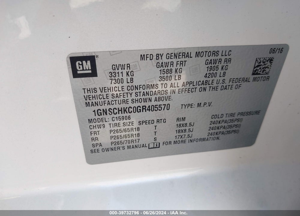 2016 CHEVROLET SUBURBAN LT VIN: 1GNSCHKC0GR405570
