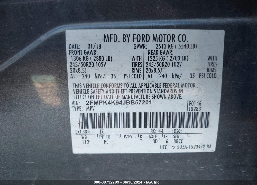 2018 FORD EDGE TITANIUM VIN: 2FMPK4K94JBB57201