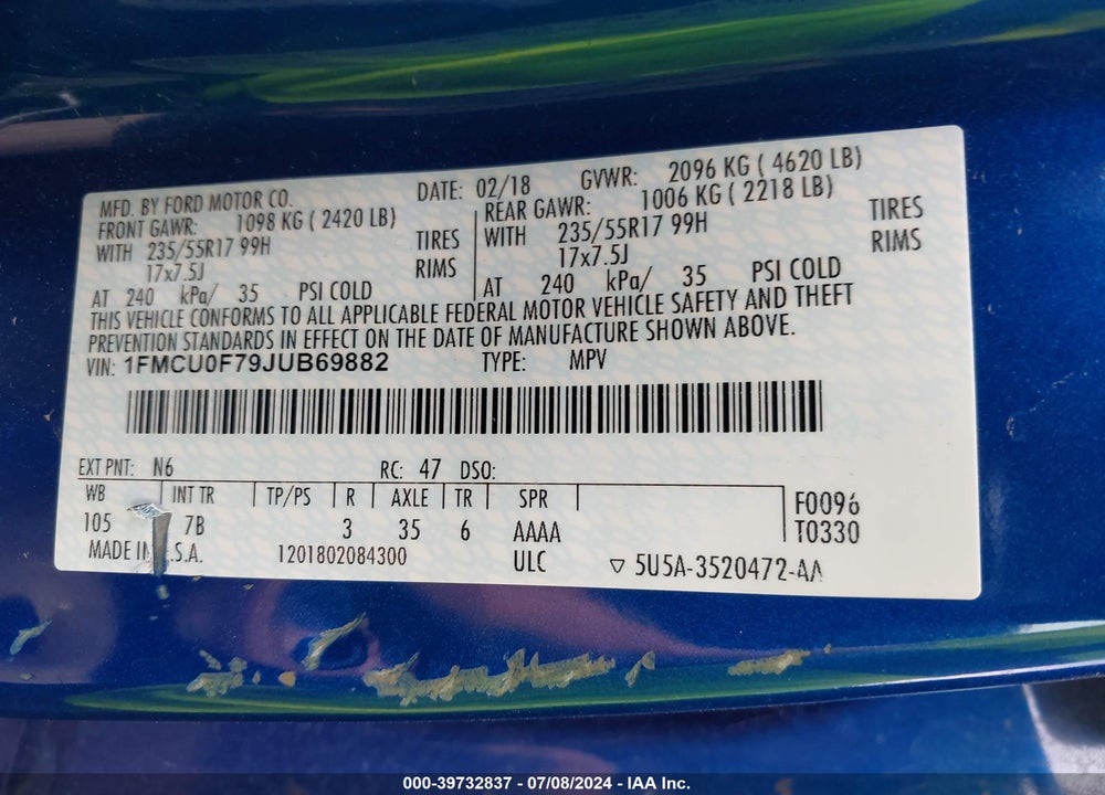 2018 FORD ESCAPE S VIN: 1FMCU0F79JUB69882