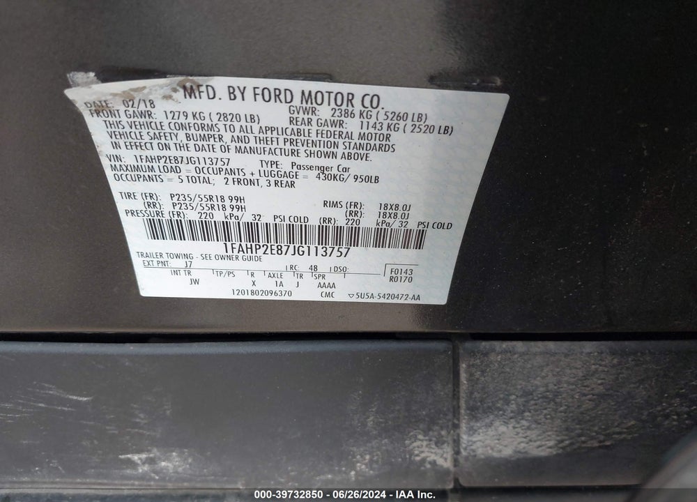 2018 FORD TAURUS SEL VIN: 1FAHP2E87JG113757