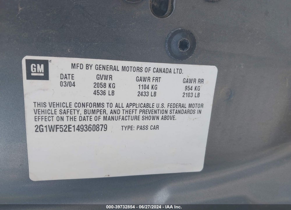 2004 CHEVROLET IMPALA VIN: 2G1WF52E149360879