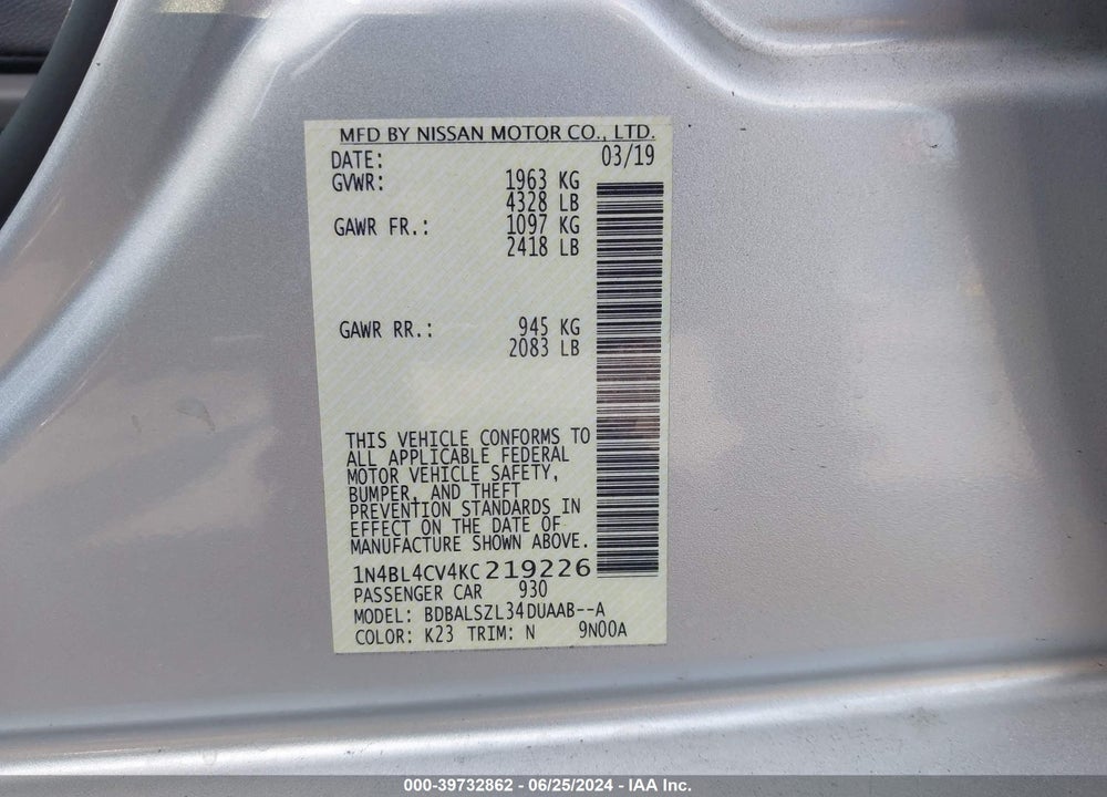 2019 NISSAN ALTIMA VIN: 1N4BL4CV4KC219226