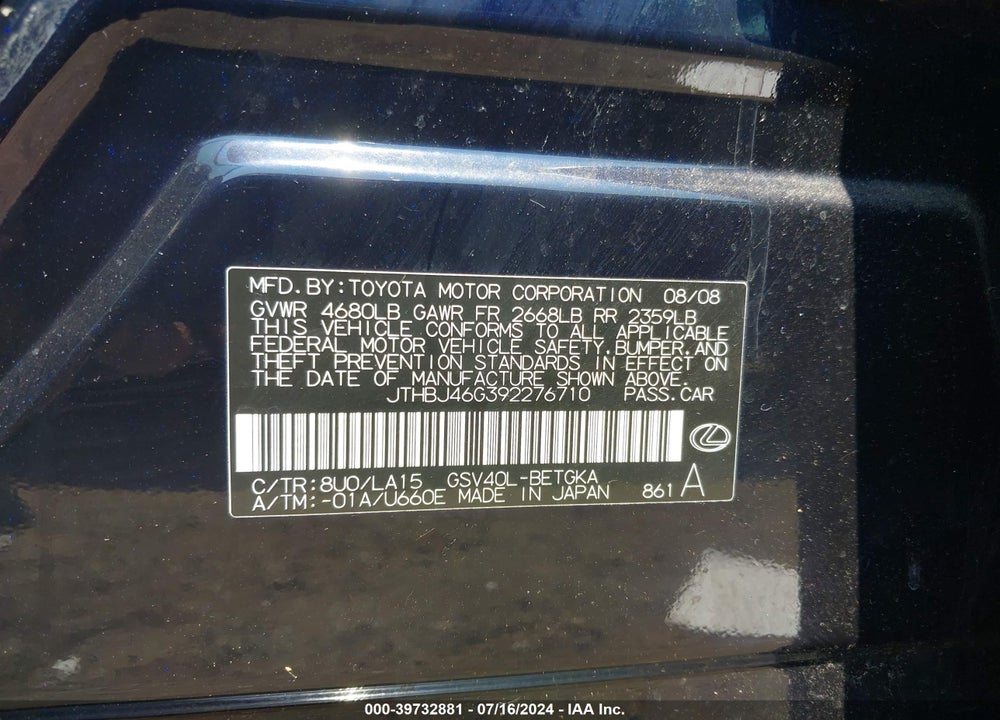 2009 LEXUS ES 350 VIN: JTHBJ46G392276710