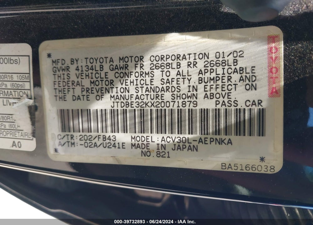 2002 TOYOTA CAMRY LE VIN: JTDBE32KX20071879