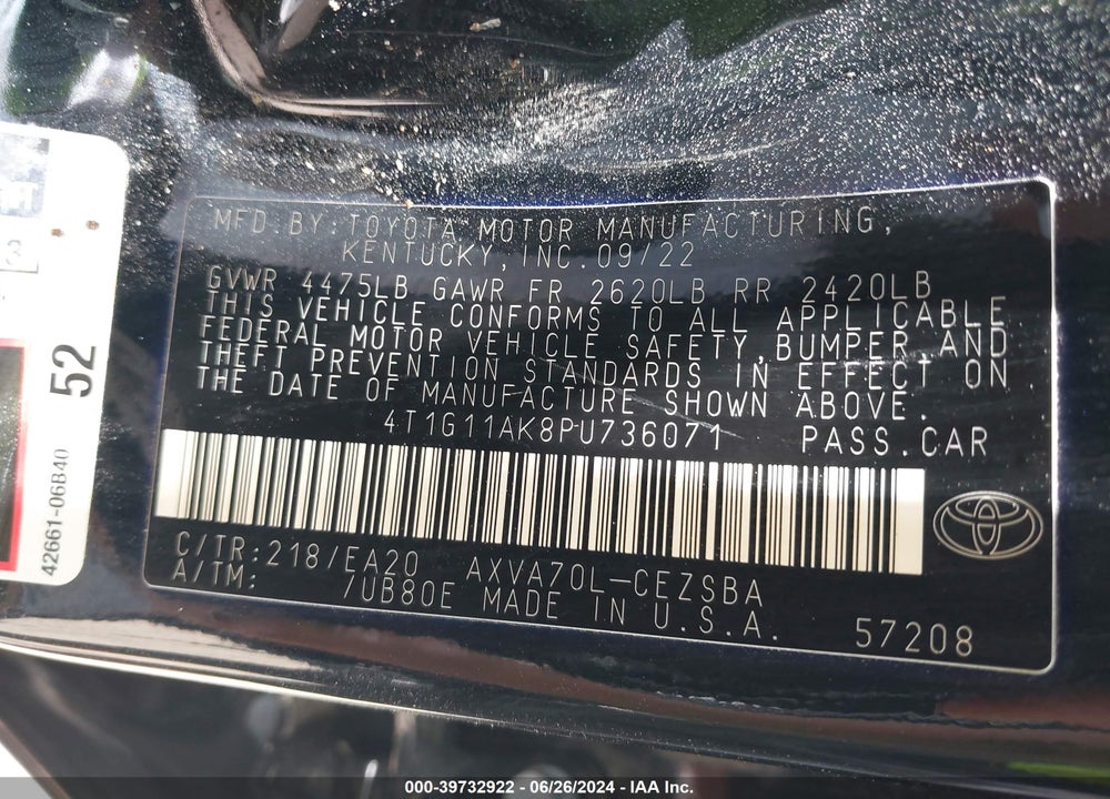2023 TOYOTA CAMRY SE VIN: 4T1G11AK8PU736071