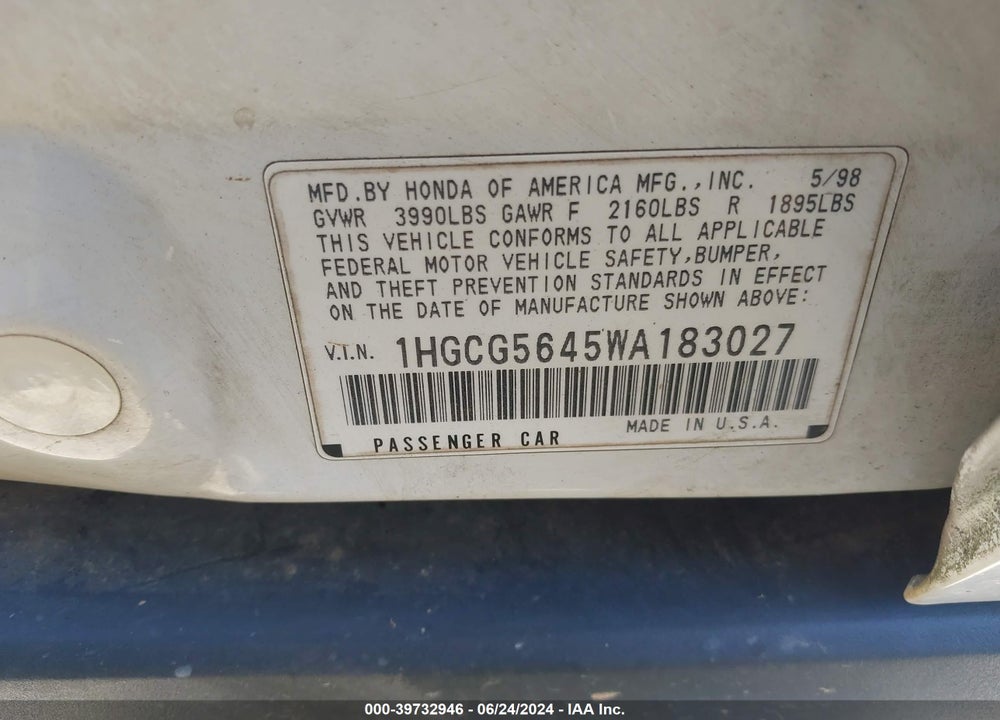 1998 HONDA ACCORD LX VIN: 1HGCG5645WA183027