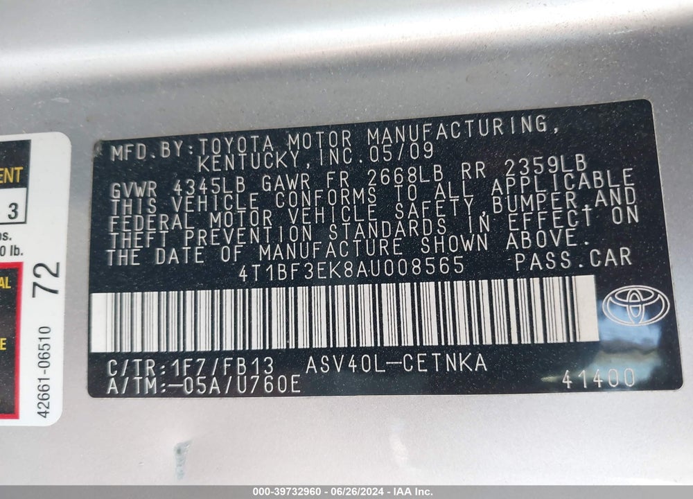 2010 TOYOTA CAMRY LE VIN: 4T1BF3EK8AU008565