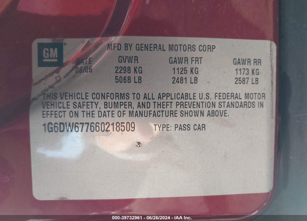 2006 CADILLAC STS V6 VIN: 1G6DW677660218509