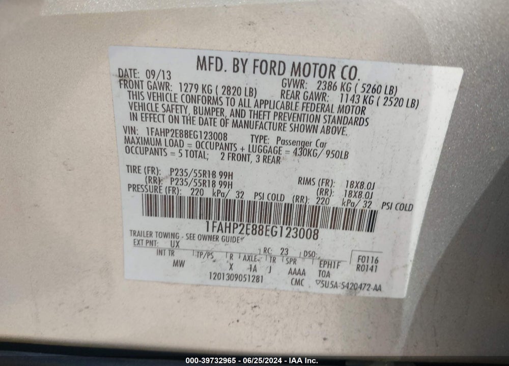 2014 FORD TAURUS SEL VIN: 1FAHP2E88EG123008