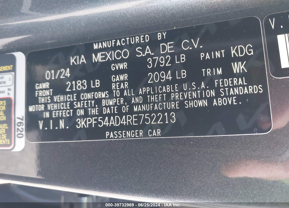 2024 KIA FORTE GT LINE VIN: 3KPF54AD4RE752213