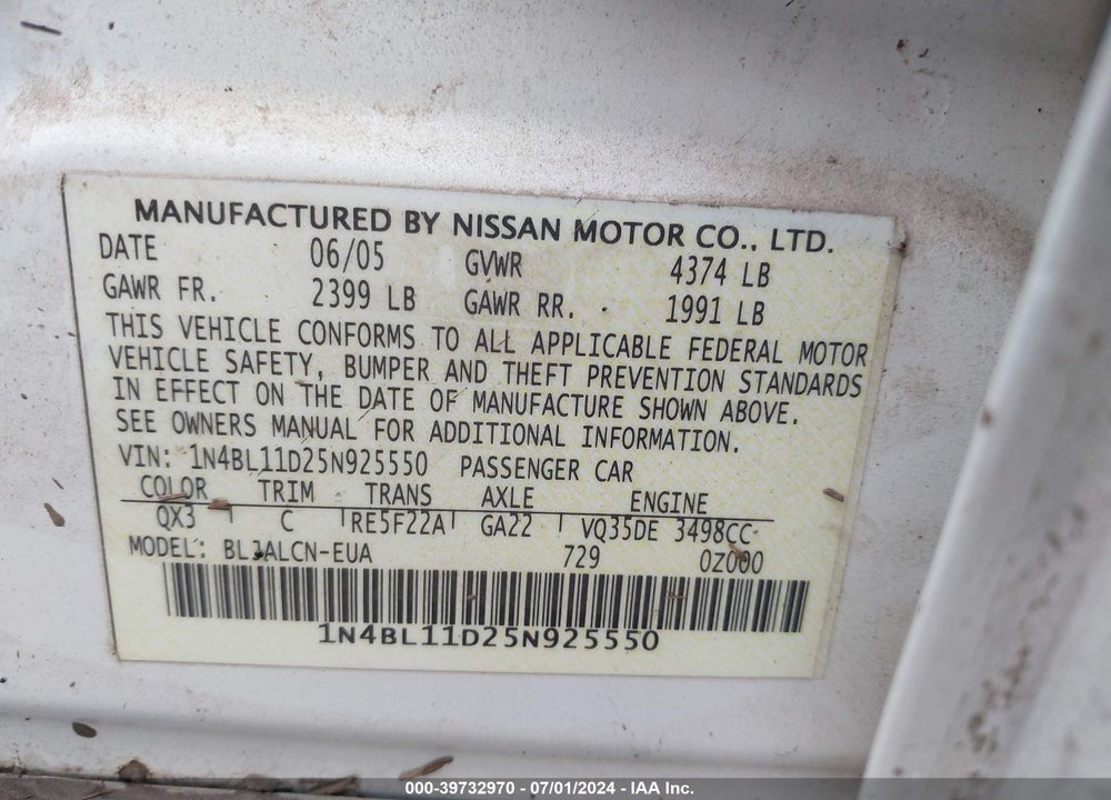 2005 NISSAN ALTIMA 3.5 SE VIN: 1N4BL11D25N925550