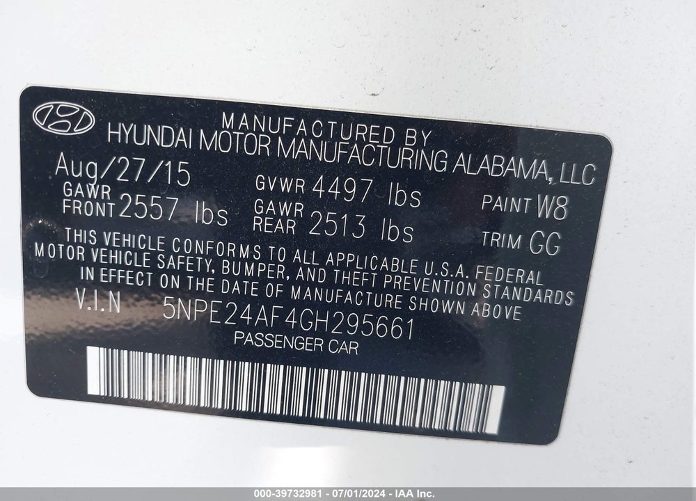 2016 HYUNDAI SONATA VIN: 5NPE24AF4GH295661