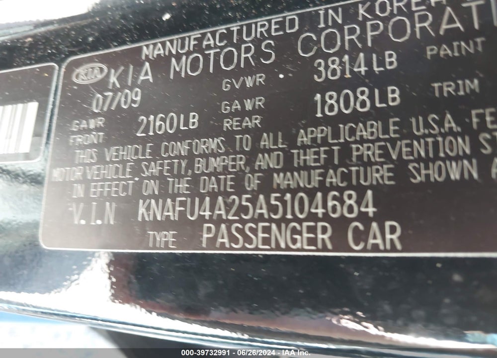 2010 KIA FORTE EX VIN: KNAFU4A25A5104684