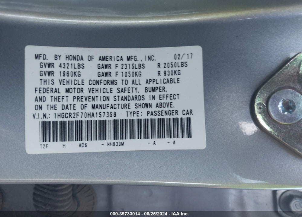 2017 HONDA ACCORD EX VIN: 1HGCR2F70HA157358