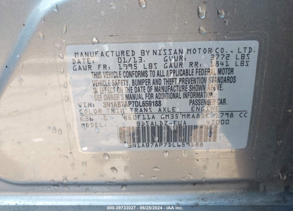 2013 NISSAN SENTRA SV VIN: 3N1AB7AP7DL659188