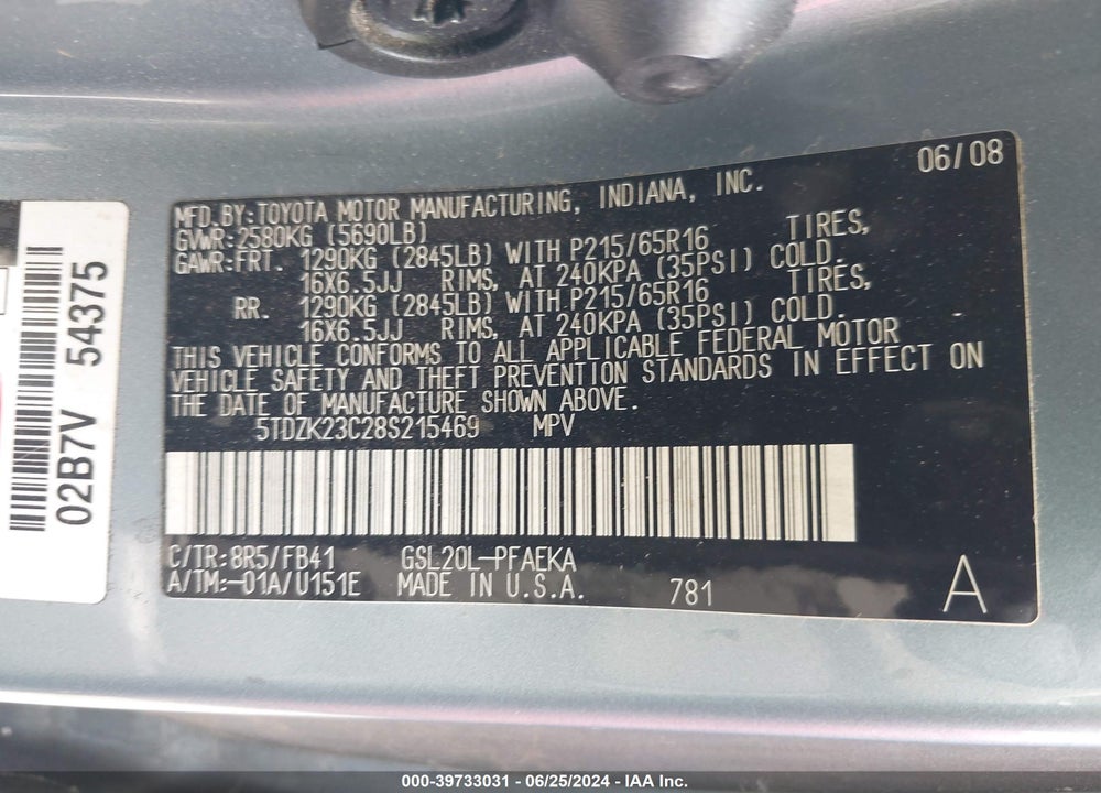 2008 TOYOTA SIENNA CE VIN: 5TDZK23C28S215469