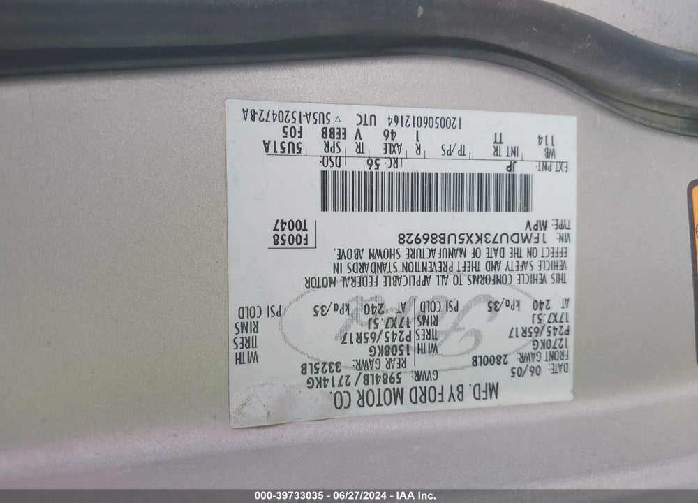 2005 FORD EXPLORER XLT/XLT SPORT VIN: 1FMDU73KX5UB86928