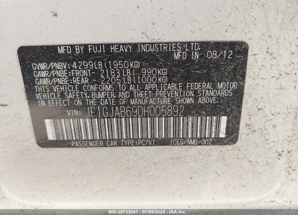 2013 SUBARU IMPREZA 2.0I PREMIUM VIN: JF1GJAB69DH005892