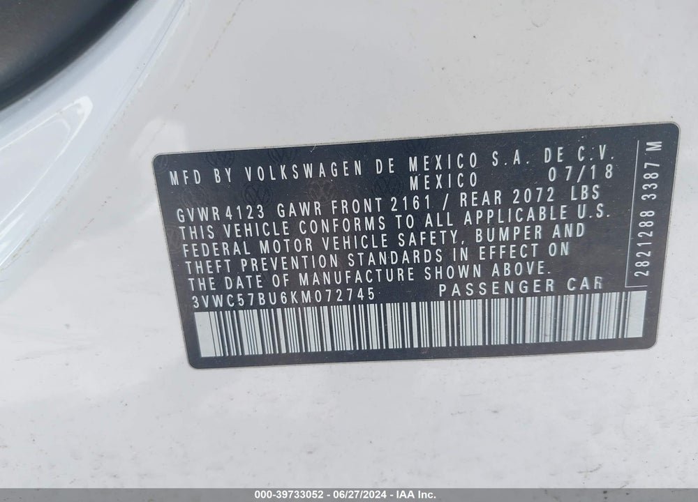 2019 VOLKSWAGEN JETTA 1.4T R-LINE/1.4T S/1.4T SE VIN: 3VWC57BU6KM072745