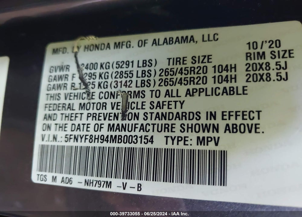 2021 HONDA PASSPORT AWD TOURING VIN: 5FNYF8H94MB003154