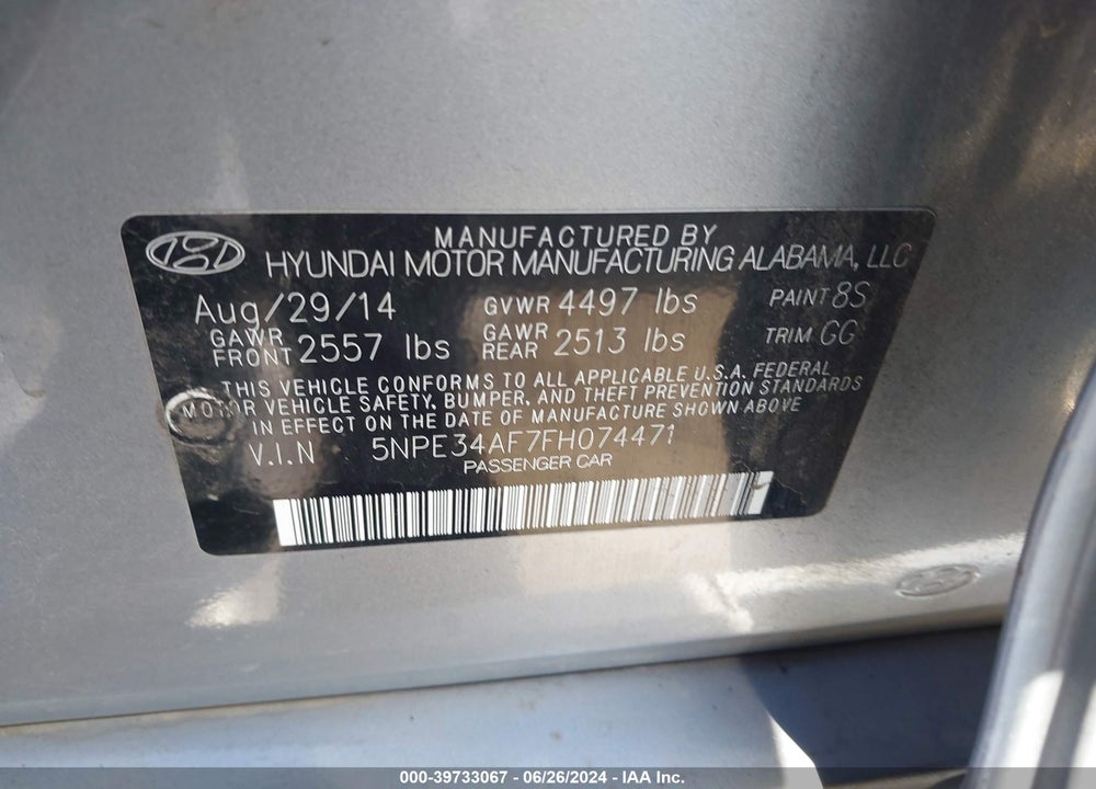 2015 HYUNDAI SONATA LIMITED VIN: 5NPE34AF7FH074471