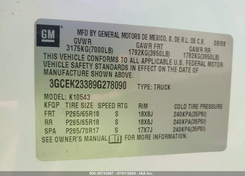 2009 CHEVROLET SILVERADO 1500 LT VIN: 3GCEK23389G278090