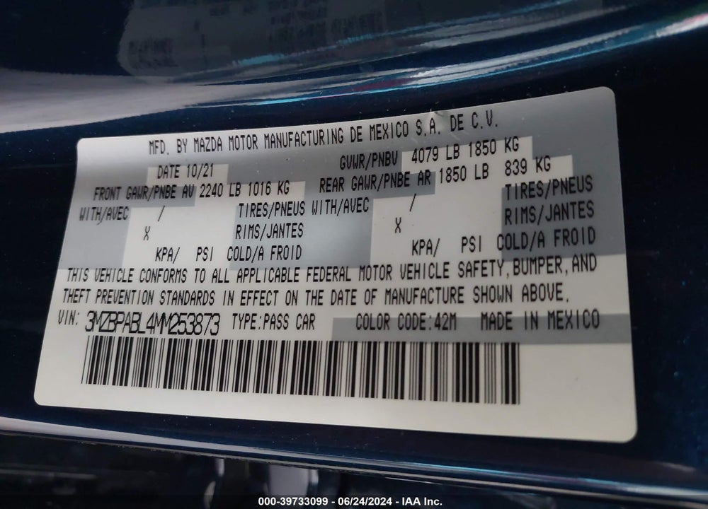 2021 MAZDA 3 SELECT VIN: 3MZBPABL4MM253873
