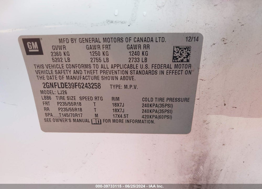 2015 CHEVROLET EQUINOX LTZ VIN: 2GNFLDE39F6243258